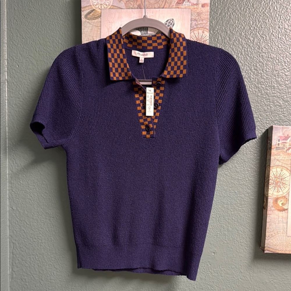 Blue and Brown Checkered Collar Knit Top